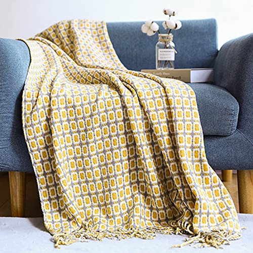 Zoomlie Dicke Strickdecke mit Hahnentrittmuster mit Fransen, 130 x 170 cm, flexibel, luxuriös, weich, warm, Webmuster, Decke für Sofas, Couch, Stühle, Bett, Sofa (gelb, 130 x 170 cm)