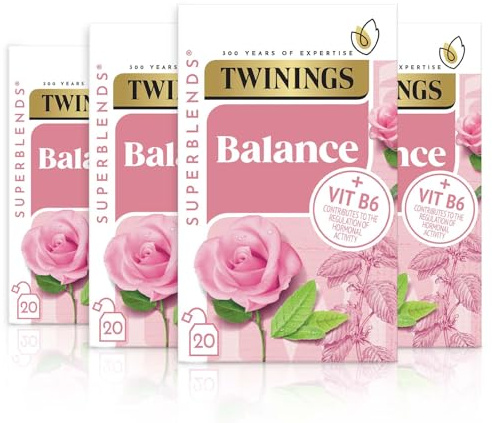 Twinings Superblends Balance Tea, Rose & Lemon Balm, 80 Tea Bags (4x20) | Multipack, Herbal Infusion, Lemon Verbena, Rose Petals, Spearmint, Added Niacin, Naturally Caffeine Free