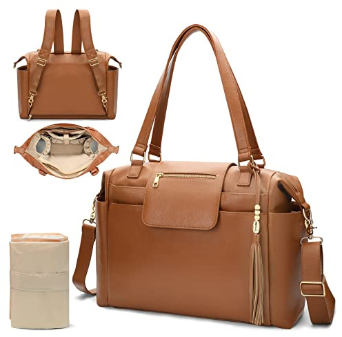 Omanmoli Wickeltasche, Leder, Wickeltasche, Rucksack, große Babytasche, 14 Wickeltaschen, Wickelunterlage, Crossbody-Gurt, 4 isolierte Taschen, Braun