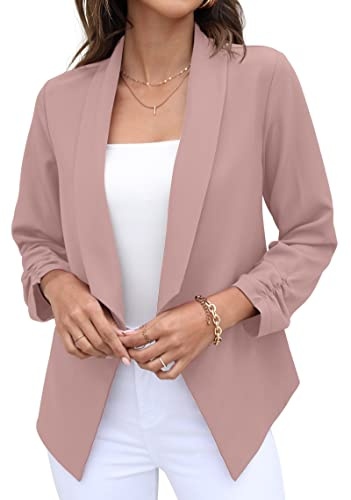 GRECERELLE Womens Blazer Suit Open Front Cardigan 3/4 Ruched Sleeve Casual Work Office Cropped Blazer Jacket for Ladies (06 Pink, 14-16 UK / CN 12)