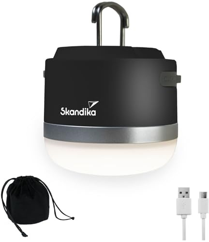Skandika Campinglampe Tarfala | LED Lampe, aufladbar, stufenlos dimmbar, Haken zum Aufhängen, USB Anschluss, 3600 mAh Powerbank, warmweiß, kaltweiß, 110 h Akku | Zeltlampe Outdoor Camping Lampe