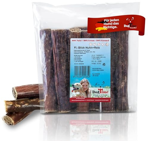 Dog Time Tiernahrung Fleischstick mit Reis & Huhn Geschmack 10er 290g getrocknet I Hundeleckerli fürs Hundetraining oder für unterwegs I Hunde Leckerlis ohne Zucker