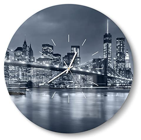 DEQORI Glasuhr | rund Ø 50 cm | Motiv Vollmond über New York | große XXL Design Uhr aus Glas | leise Wanduhr für Wohnzimmer & Küche | Moderne Hingucker Uhr für die Wand
