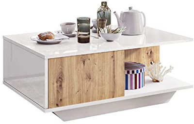 Table Basse de Salon, Moderne Table Salon avec un compartiment de rangement pratique, table centrale moderne et élégante pour thé et café, table d'appoint et table de salon (Gloss Blanc Artisan)