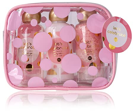 accentra - Let's celebrate Geschenkset Frauen in Kosmetiktasche - Bade- & Duschset mit Tea Rose & Velvet inkl. Duschgel, Bodylotion & Badesalz - 3-Teiliges Wellness Set für Damen & Mädchen