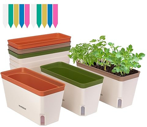 VIVOSUN Self-Watering Planters, 6-Pack 10.5 Inch Compact Rectangular Window Herb Planter Box with 10 PCS Plant Labels, Plant Container for Basil, Flowers, Succulents, Indoor & Outdoor