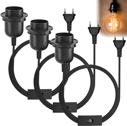 Lot de 3 supports de lampe E27 avec interrupteur et prise, câble 3,5 m - Douille noire pour cuisine, salon et chambre d'enfant