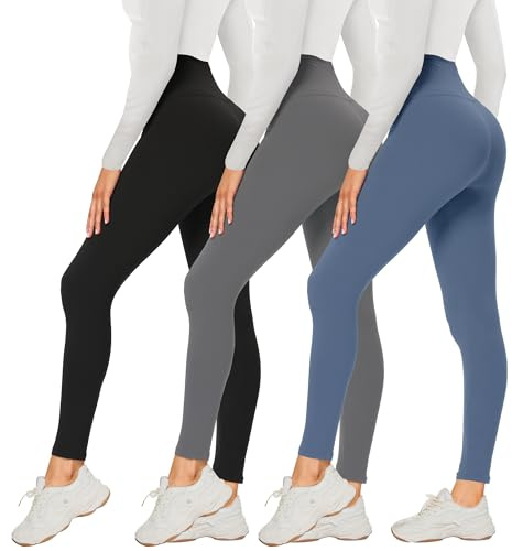 DDOBB 3 Pack Leggings for Women High Waisted Black Leggings Tummy Control Stretchy Pants Trousers for Gym Fitness Yoga Running Regular&Plus Size(Black + Dark Gray + Morandi Blue)