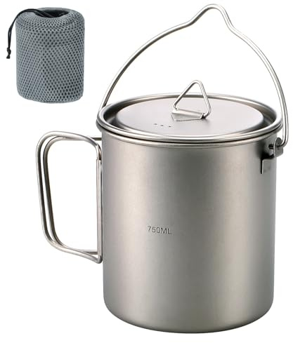 HUIOP Ultralight 750ml Titanium Pot Portable Titanium Water Mug Cup with Lid and Foldable Handle Outdoor Camping Cooking Picnic