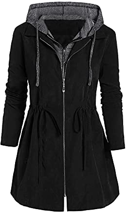 DABAOK Zip up Jacket Mid-Length Windbreaker Plus Size Drawstring Hooded Outwear With Pocket Fleece Sweater Coat Women