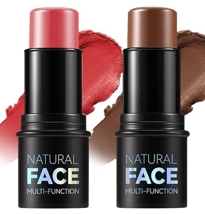 2Pcs Rouge & Contouring Stick, Smooth Cream Multi-use Face Makeup Stick, Langanhaltende Wasserdicht, Hochpigmentiertes Blush Bronzer Wand für alle Hauttypen geeignet, Geschenke für Frauen-05+06