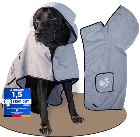 EYH - Hundebademantel grau aus Premium Mikrofaser – für mittelgroße Hunde wie Labrador & Retriever – schnelltrocknend, saugstark & warm – mit Kapuze, Taschen & starkem Klettverschluss