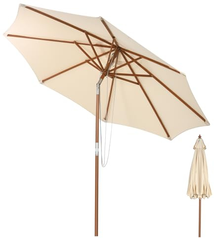 COSTWAY 2.7M/3M Wooden Patio Parasol, Outdoor Rope Pulley Operated Sun Shade Umbrella with 8 Ribs, Air Vent & Tilt Adjustment, Waterproof Market Table Parasol for Garden Beach Poolside (296 x 254 cm)