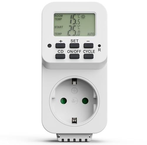 Perfekt uttagstermostat, temperaturregulator, 230 V, uttagstermostat, temperaturbrytare för uppvärmning, kylning, växthus, terrarium, vit
