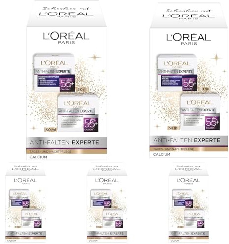 L'Oréal Paris feuchtigkeitsspendendes Pflegeset, Anti-Aging Tages- & Nachtcreme zur Minderung von Falten, Anti-Falten Experte 55+, 2 x 50 ml (Packung mit 5)