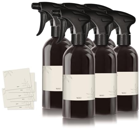 Oputec 6 x 500ml Sprühflaschen aus Kunststoff Schwarz zum Befüllen, mit ergonomischem Sprühkopf + Etiketten - Leere Wassersprühflasche für Pflanzen, Blumen, Reinigungsmittel, Haarpflege und mehr
