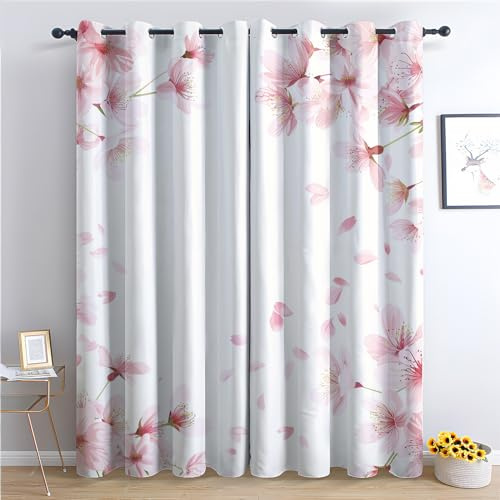 Generisch Vorhänge Kirschblüte Muster - Mädchen Rosa Blumen Fenster Gardinen mit Ösen, Vorhang Blickdicht Verdunklungsvorhänge Thermovorhang für Schlafzimmer Deko 2er Set, H 166 x B 75 cm S-&159