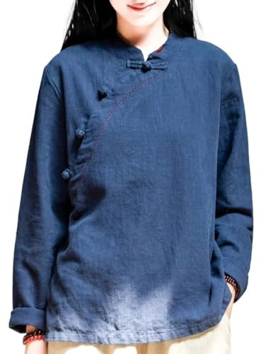 Chemisier Traditionnel Hanfu Pour Femmes Hauts Chinois De Style Ethnique Rétro Grande Taille Chemise Ample Et Décontractée En Coton Et Lin 2024 (Color : Dark blue, Size : L)