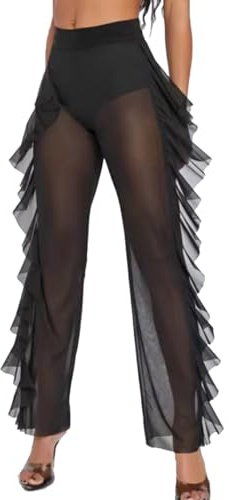 MIZSPISE Pantaloni Svasati Trasparenti da Donna Gamba Larga Pantaloni da Spiaggia a Rete Trasparente Bikini Elastico Volant Vita Alta Lunghi a Rete Costume (IT, Testo, XXL, Regular, Regular, Nero)