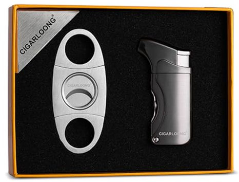 CIGARLOONG Cigar Lighter and Cutter Set,Stainless Steel Lighter and Sharp Cigar Cutter with 2 Punch Opener Gift Box,without gas(Grey)
