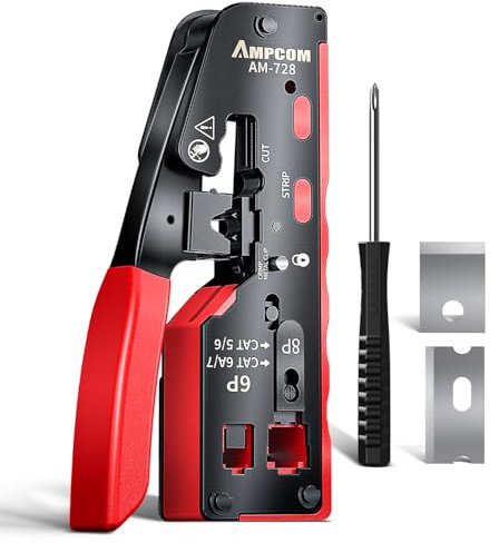 AMPCOM Outil de sertissage RJ45 à passage direct, pince à sertir tout-en-un pour connecteurs RJ45/RJ11 STP et UTP Cat8/Cat7/Cat6A/Cat6/Cat5e/Cat5, modèle AM-728RD