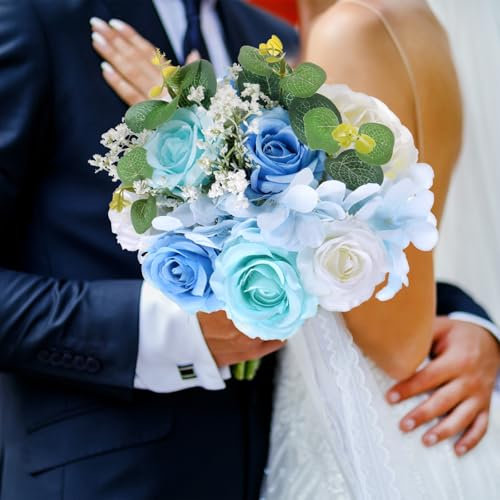 M METERXITY Bouquet da Sposa per Sposa, Bouquet di Fiori Artificiali per Matrimonio Bouquet Nuziale per Sposa/Dama Onore, Bouquet Multicolore con Nastro Seta [Blu]