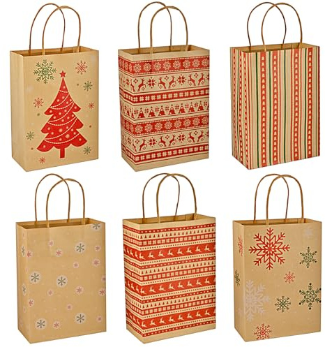 24 Stück Geschenktüten Weihnachten, Weihnachtstüten 15x8x21cm,kleine Papiertüten Geschenktaschen mit Henkel für Geschenke, Mitbringsel,Party, Adventskalender(6 Motive)