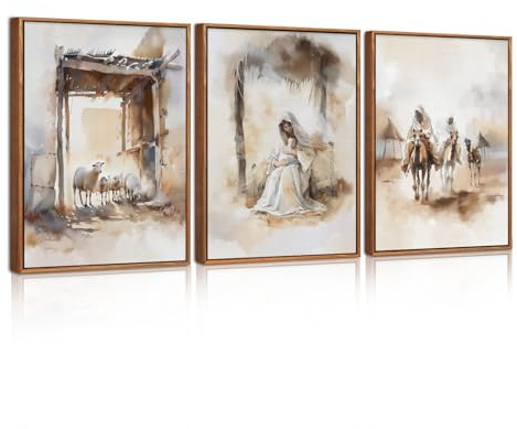 HPNIUB Weihnachtskrippenrahmen auf Leinwand, Wandkunst-Set, große christliche Bibelversen, Wanddekoration, Segen Mutter Maria, böhmische Osterdekoration, Kunstwerk, Wohnzimmer, Schlafzimmer