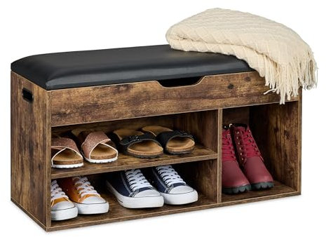 Relaxdays Panca Porta Scarpe da Ingresso in Design Industriale, con 3 Scomparti Portascarpe, 46x80x30 cm, Marrone Nero