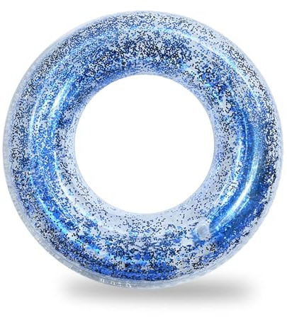 Anello da nuoto gonfiabile con paillette, a forma di cuore, per bambini, adulti, coriandoli blu, 90 cm