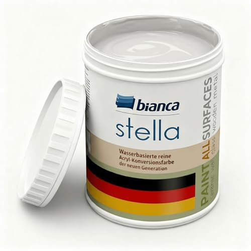 Bianca Stella Universalfarbe Ohne Schleifen - Wasserbasierte Parfümierte Renoiverfarbe für Möbel, Holz, Fliesen, Metall & Kunststoff - Sandweiß, Glänzend, Kratzfest, Hochdeckend, 1000ml