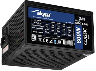 Akyga ATX - Fuente de alimentación (800 W, AK-C1-800, P4+4, 2 PCI-E de 6 + 2 Pines, 6 Unidades, SATA, 3X, Molex APFC, Ventilador de 12 cm, 80 Plus)
