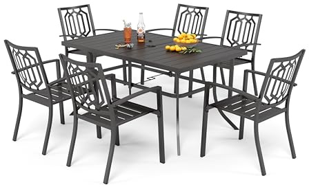 PHI VILLA Gartenmöbel Set 6 Stühle mit Tisch Schwarz Metall Wetterfest | Wetterfest E-beschichtet Terrassenmöbel, 6 Stapelbare Stühle für Platz Sparen, Tisch mit 4-5cm Schirmloch