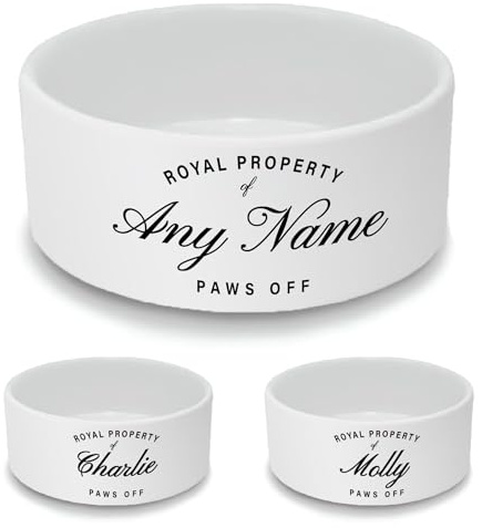 Personalised Ceramic Dog Bowl - Large White Pet Food Dish with Royal Property Design - Custom Name Dog Bowl 18cm Wide x 7cm Deep - Ideal for Medium to Large Dogs