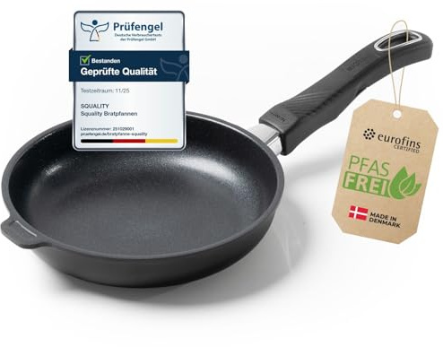 Squality Premium Bratpfanne PFAS frei 20 cm – Antihaft Pfanne beschichtet aus Dänemark | Ofenfest bis 260 °C, induktionsgeeignet, ergonomisch, für gesundes Kochen ohne Schadstoffe | Non Stick Pan