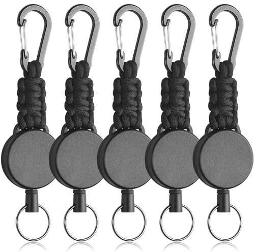 Uniclife Confezione da 5 Portachiavi Retrattili, Portachiavi con Rinvio, Portabadge Resistente per Chiavi e Carta d'Identità, Clip Estensibile per Badge con Moschettone, Paracord e Anello per Chiavi