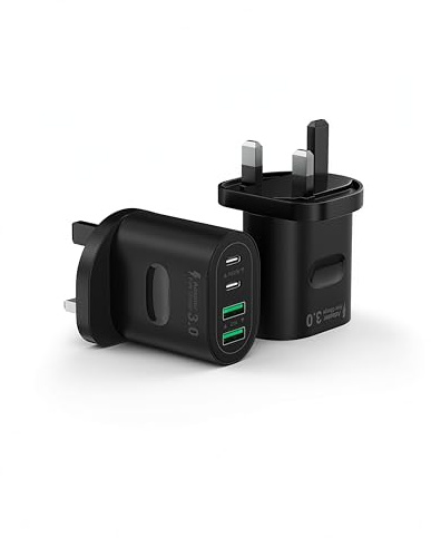 2 Pack 60W USB C Charger Plug, 4-Port Multi USB Plug UK Fast Charging Adapter (Dual USB-C 30W + Dual USB-A 5V/2.1A), GaN Type C Wall Charger for iPhone 16/15/14/13/12 Pro Max, iPad, Samsung
