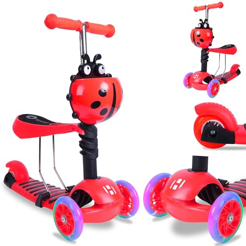 Habib 3-in-1 Kinderroller für Jungen und Mädchen - Abnehmbarer Sitz, LED-Räder, Höheverstellbarer Lenker, Tretroller - Kinder Roller Outdoor Spiel, für 2-8 Jahre Kinder - Rot