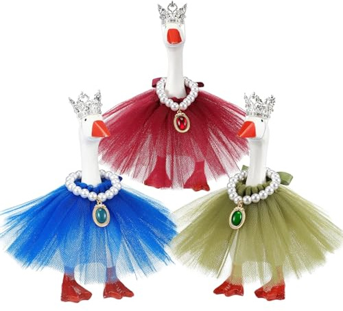Sunnymove 9 Pcs 7 Inch Spring Mini Desk Goose Outfits with Crystal Rhinestone Tiara Crown Necklace Tutu Dress Magnetic Goose Key Holder Princess Customs for Statue Duck Key Holder (Elegant,Gem)