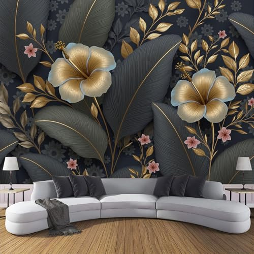 Papier Peint Panoramique 260×180cm, Revêtement Feuilles Bananier Tropicales, 3D Motif Luxe Hibiscus Mural Poster Geant Murale Décoration pour Chambre Salon Couloir Bureau Cuisine Chambre Gris Foncé