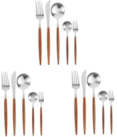 Homoyoyo 15 Pièces Couverts Inox avec Manches Bois Style Scandinave Couteaux Fourchettes Cuillères pour Maison et Restaurant
