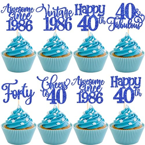 SYKYCTCY 24 Pack Happy 40th Birthday Cupcake Toppers Glitter Fourty 40 Fabulous Vintage 1986 Cupcake Picks Awesome Since 1886 for 40th Birthday Anniversary Party Cake Decorations Supplies Blue