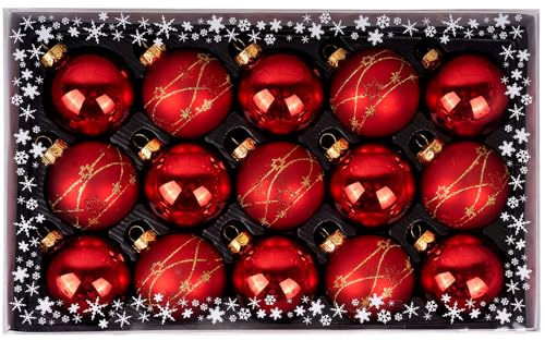 Weihnachtskugeln mit Verzierung aus Glas 6cm x 15 Stück in Kartonbox Christbaumkugeln (Merry Red)