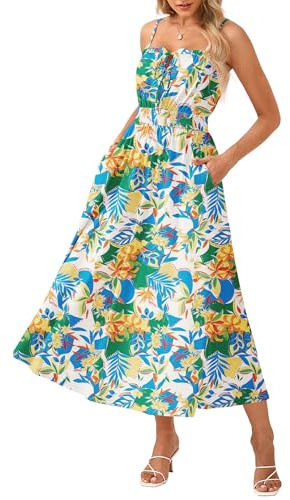 GRACE KARIN Women's Boho Floral Fancy Dress Casual Sleeveless Spaghetti Straps Pleated Loose A-line Maxi Dresses Bohemian Beach Holiday Dress with Pockets Blue-Yellow Floral XL