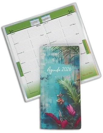 Nemau - Agenda de Poche 2026 - Format Compact – 64 Pages – Couverture en Gomme Expansée – Fabrication Française – Petit Agenda Pratique Pour Sac, Poche, Bureau et Déplacements - Décor Tropical Coloré