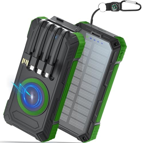56800mAh Wireless Power Bank 30W Solar Powerbank USB C Charging Externer Akku Ladegerät mit 6 Ausgänge 4 Kabeln Schnellladung 3 Eingänge,Powerbank Solar Outdoor mit SOS LED Lampe, Kompass, Outdoor