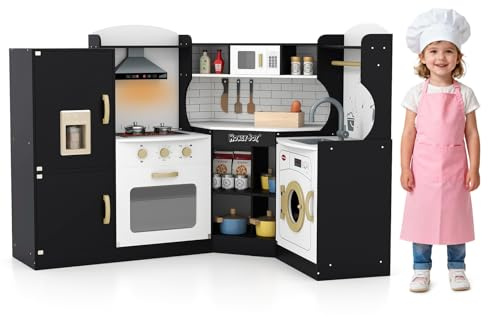 Kids Corner Kitchen Playset, Wooden Play Kitchen with Washing Machine, Range Hood, Ice Maker, Microwave, Oven, Sink, Little Chef Pretend Cooking Toy Set for Toddler (Black+Gold)