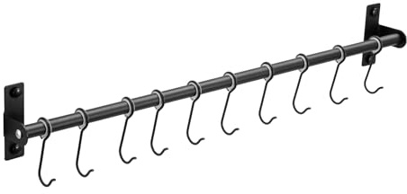 EVERGOODS Kitchen Utensils Holder Utensil Hanging Bar Rack with 10 Movable Hooks Stainless Steel Hanging Utensil Rack for Pot Pan Spoon 60CM Wall Mounted Utensil (Black)