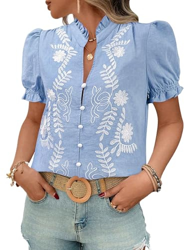 Women's Boho Floral Embroidered Cotton Blouse Casual V-Neck Puff Short Sleeve Loose Button Down Shirts for Summer Blue L
