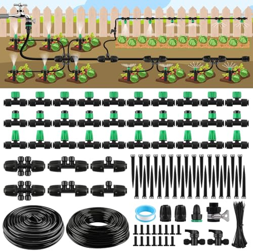 Kalolary Sistema di Irrigazione a Goccia 133FT | Kit di Irrigazione da Giardino Facile da Montare con Connettori Rapidi, Ugelli Regolabili, Tubo PE 1/2 1/4 per Giardini